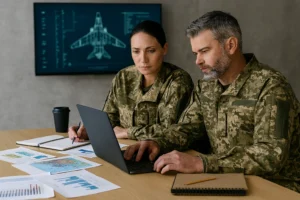Two military personnel in camouflage uniforms reviewing operational training data on a laptop, with charts and maps on a table and a technical aircraft diagram displayed on a screen behind them.
