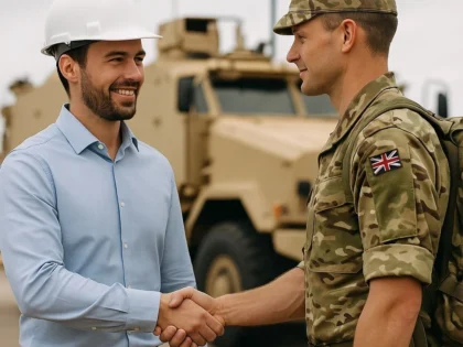 Engineer in hard hat shaking hands with British soldier beside an armoured vehicle, representing trusted defence partnership.