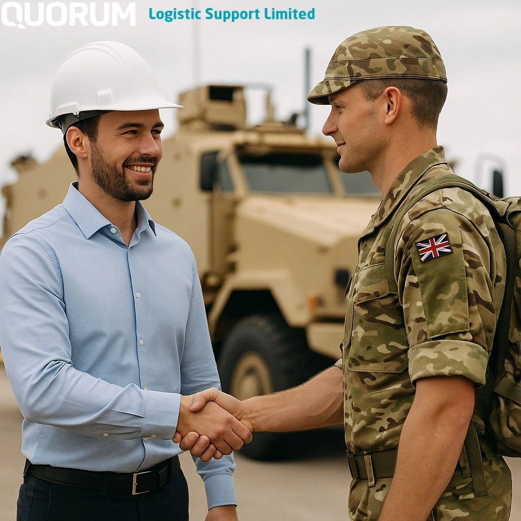 Engineer in hard hat shaking hands with British soldier beside an armoured vehicle, representing trusted defence partnership.