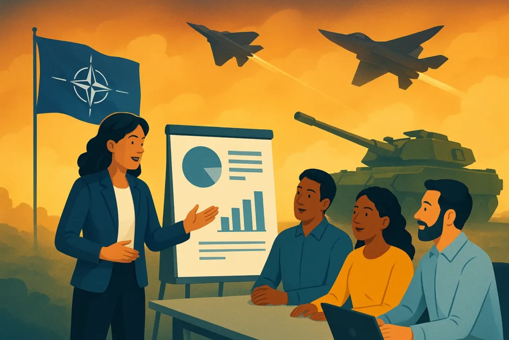 A defence-focused training scene where diverse professionals collaborate at a table while an instructor presents technical charts, with a tank and fast jets in the background, symbolising support for complex military programmes.