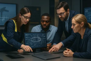 A group of defence engineers and supportability specialists collaborate around a digital schematic in a modern control room, discussing system design and supportability details
