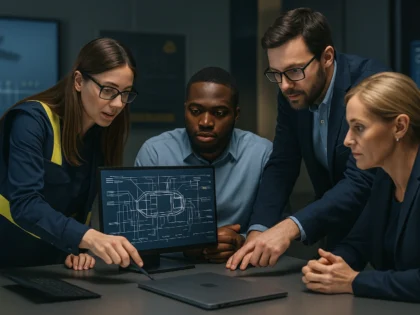 A group of defence engineers and supportability specialists collaborate around a digital schematic in a modern control room, discussing system design and supportability details