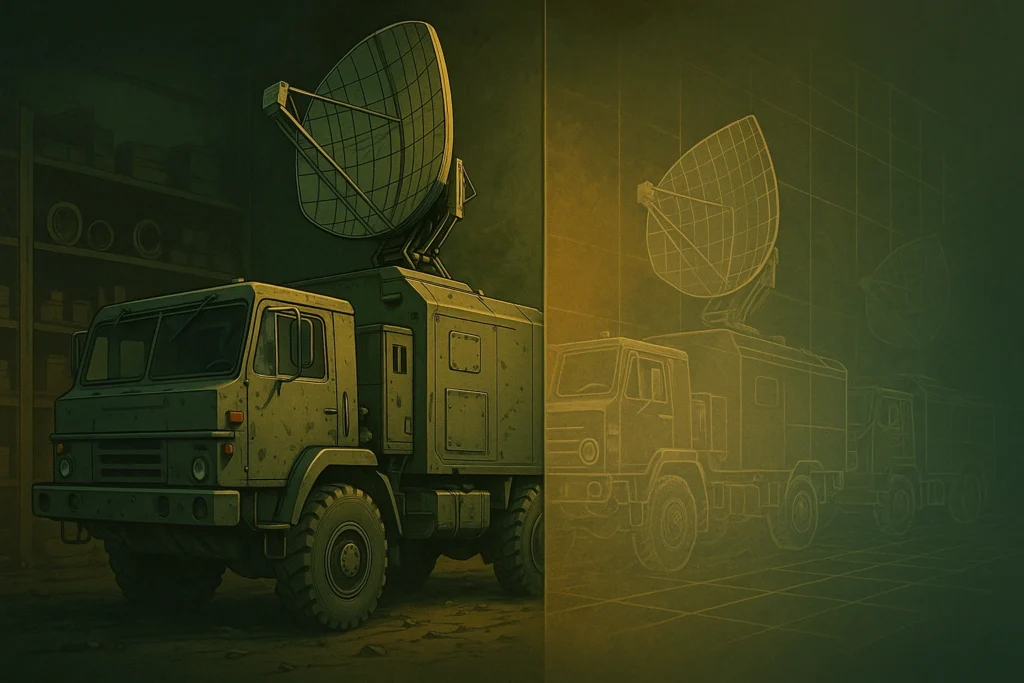 Olive green military radar truck parked in a dim depot with shelves of spare parts, fading into technical line drawings that suggest ageing defence equipment and the need for obsolescence planning