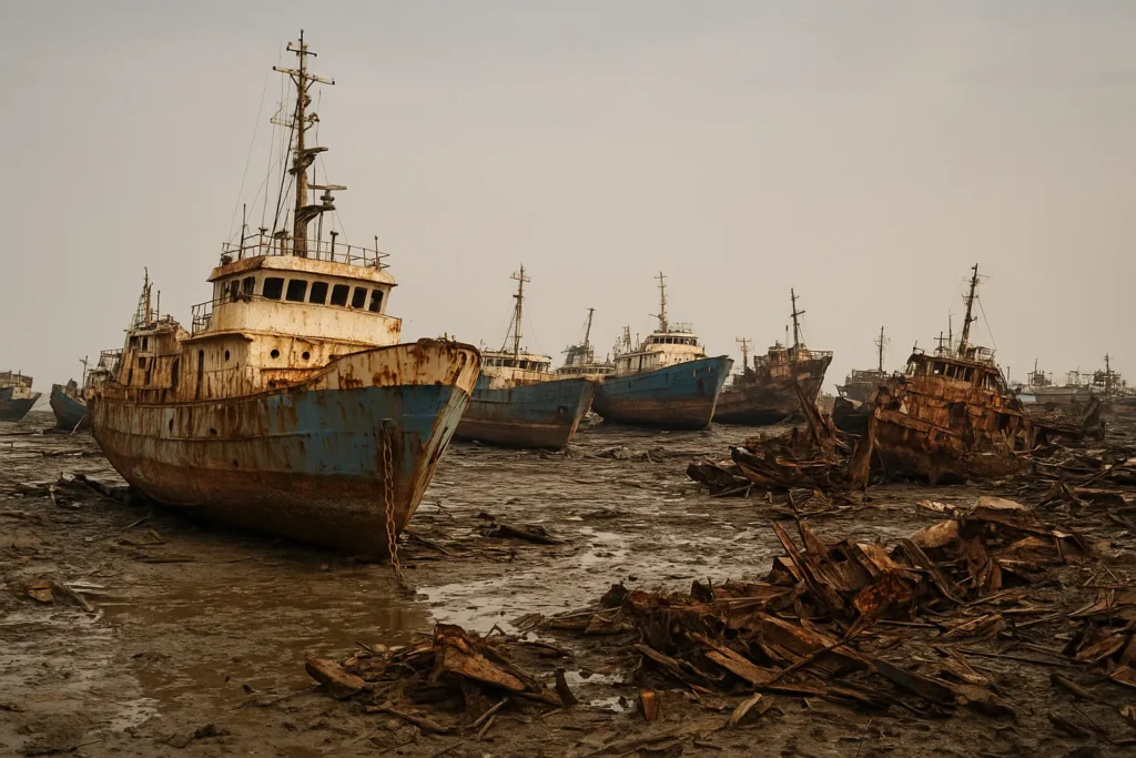 A muddy, and rusty ship graveyeard