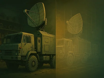 Olive green military radar truck parked in a dim depot with shelves of spare parts, fading into technical line drawings that suggest ageing defence equipment and the need for obsolescence planning