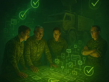 Defence project team reviewing digital compliance checks in front of a military vehicle, with glowing green checkmarks and system diagrams.