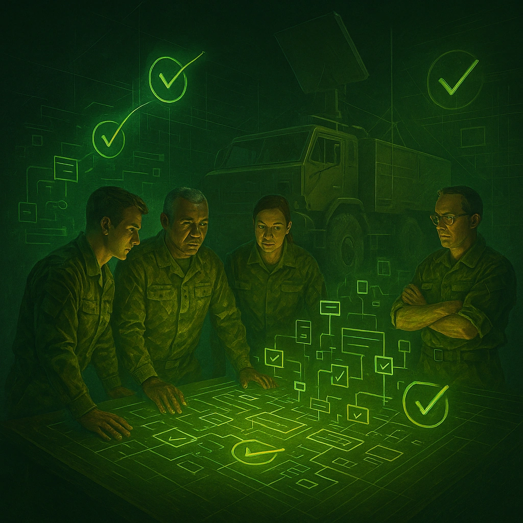 Defence project team reviewing digital compliance checks in front of a military vehicle, with glowing green checkmarks and system diagrams.