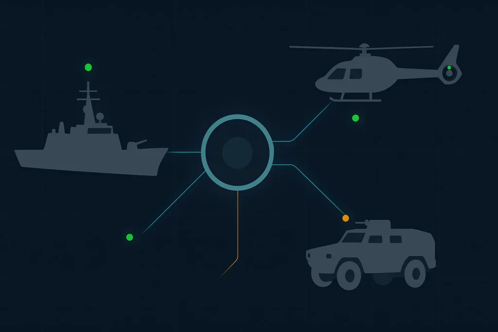 Stylised navy-blue graphic showing a military ship, armoured vehicle and helicopter linked to a central readiness node with green and amber status lights to depict defence fleet availability and downtime risk.