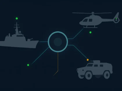 Stylised navy-blue graphic showing a military ship, armoured vehicle and helicopter linked to a central readiness node with green and amber status lights to depict defence fleet availability and downtime risk.